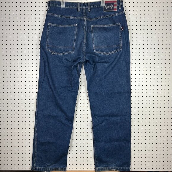 Phat Farm Grunge Baggy 90s Blue Jean 38x34 Stitched USA Flag Patch Skate Hip Hop - Picture 1 of 7